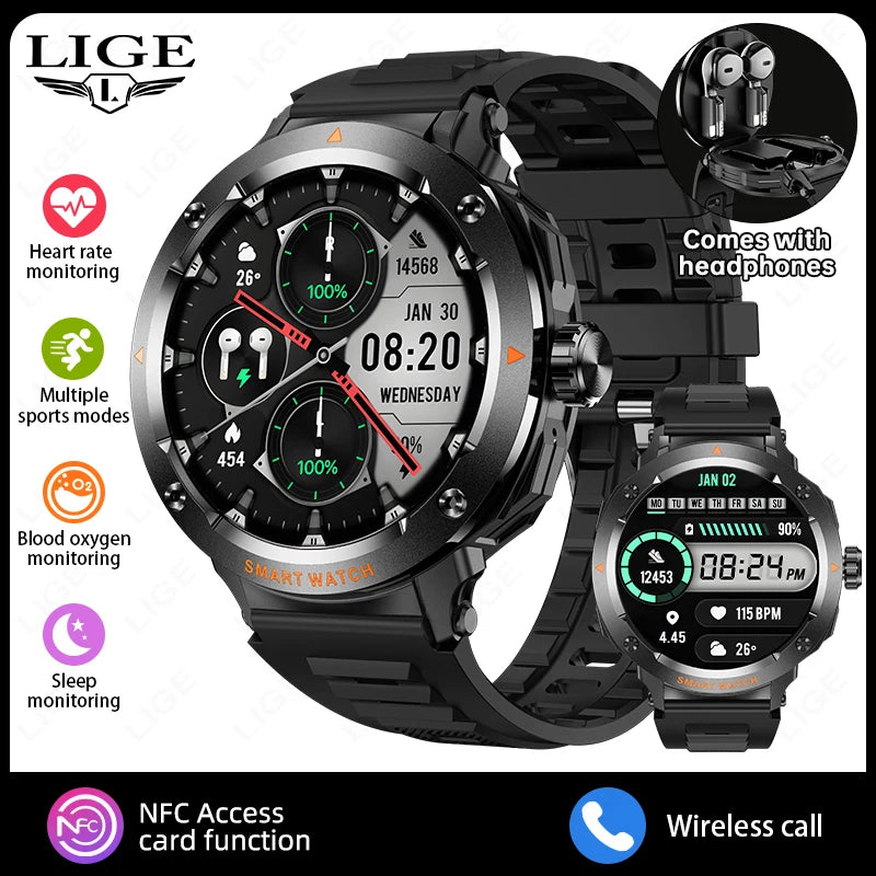 LIGE TWS Smart Watch with Wireless BT Earphones – NFC, Bluetooth Call, Heart Rate Monitor, Music Playback for Men