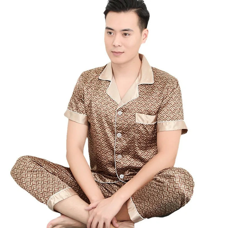 Men's High Quality Pajama Set | Spring & Autumn Thin Ice Silk Polyester Sleepwear | Long Sleeve Plus Size Summer Homewear