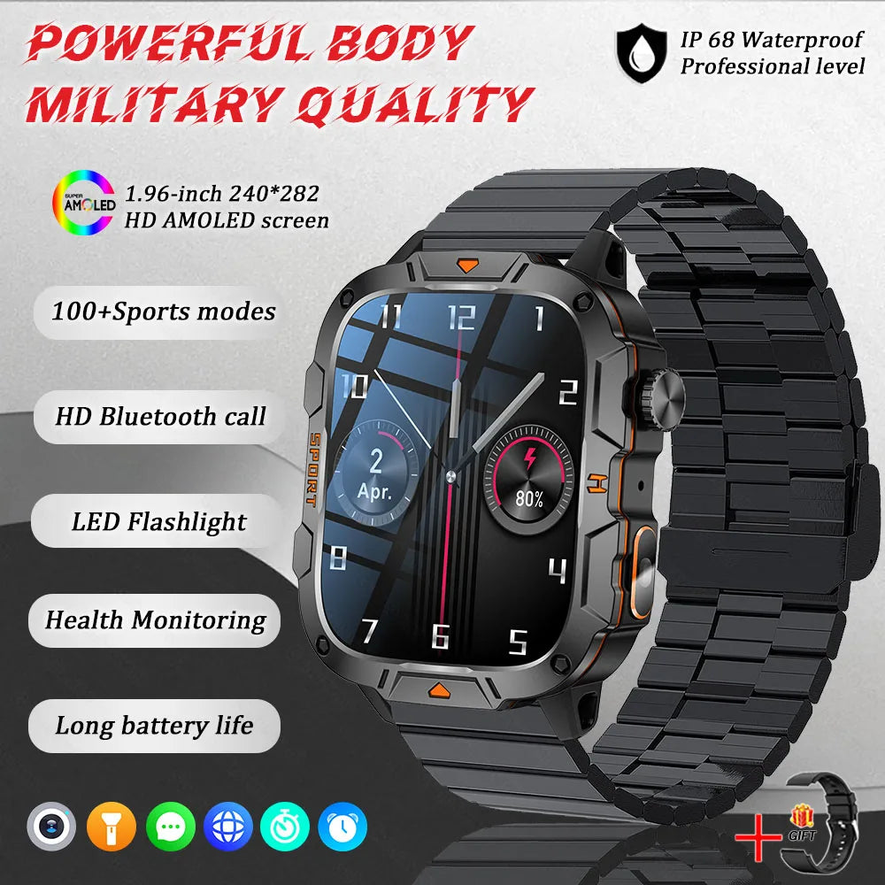 2025 New Military Smart Watch for Men – 1.96" AMOLED Display, 5ATM Waterproof Fitness Tracker | Bluetooth Call Smartwatch for Xiaomi