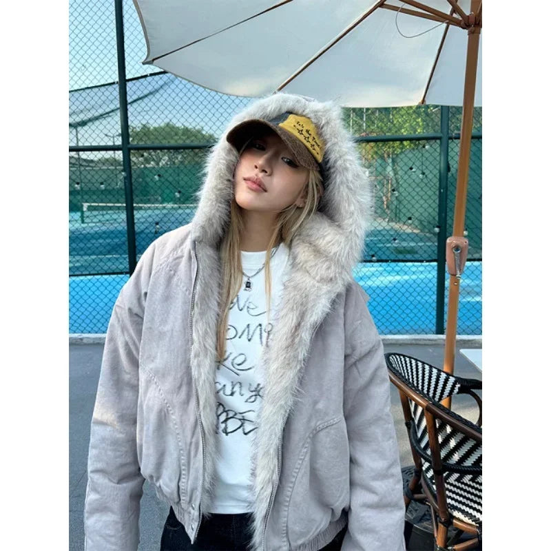 Y2K Winter High Street Retro Fur Collar Hooded Velvet Thick Warm Harajuku Loose Casual Women's Jacket
