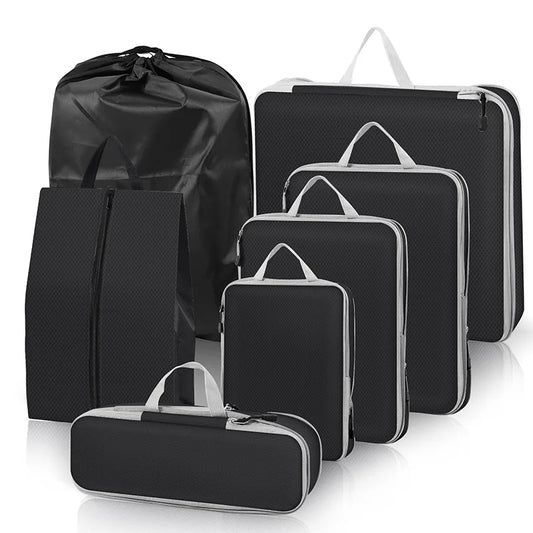 3-7 PCS Compressed Packing Cubes Set | Lightweight Portable Travel Luggage Organizer with Shoe Bag & Mesh Storage
