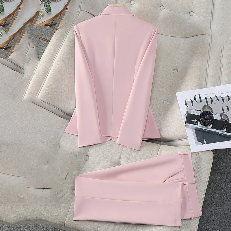 Women’s Single Buckle Blazer & Straight Pants Set – Spring Autumn Casual Suit