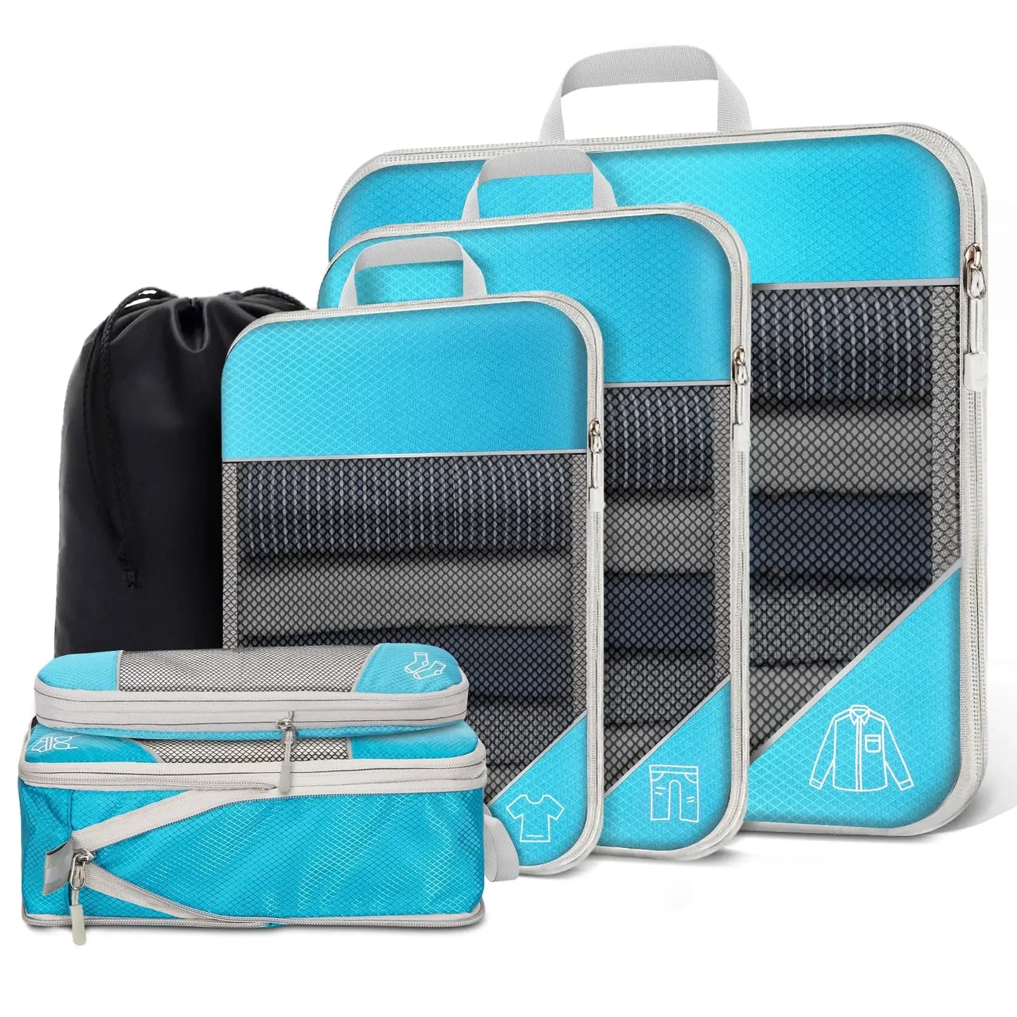 5-6PCS Compressed Packing Cubes Set | Portable Lightweight Travel Luggage Organizer with Shoe Bag & Mesh Storage