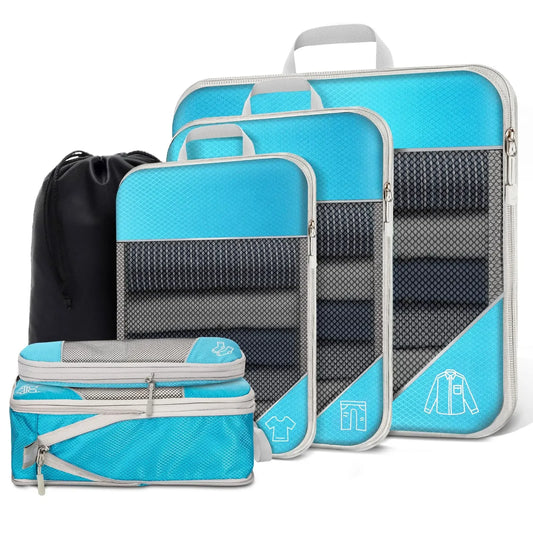 5-6PCS Compressed Packing Cubes Set | Portable Lightweight Travel Luggage Organizer with Shoe Bag & Mesh Storage