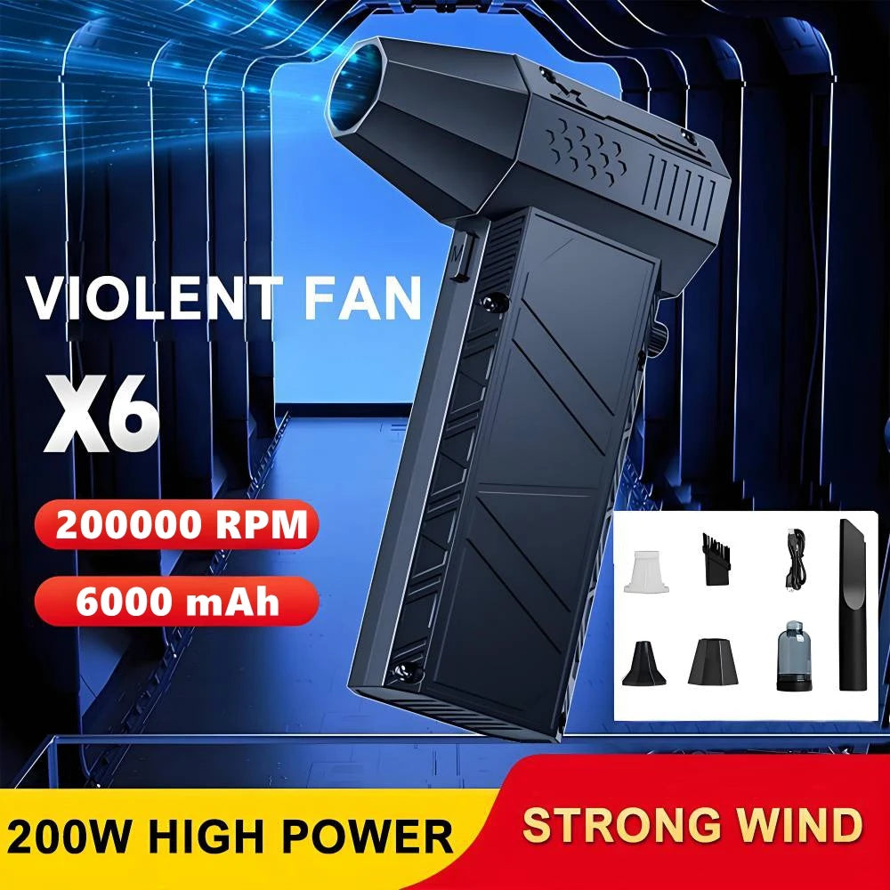 مروحة X6 Violent Fan القوية 200,000 دورة في الدقيقة ومكنسة كهربائية X9 - 53 م/ث توربو جيت بدون فرشاة، قابلة لإعادة الشحن عبر USB-C - للاستخدام في سيناريوهات متعددة