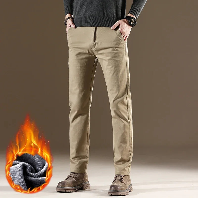 97% Cotton Fleece Business Casual Pants Men | Straight Cozy Stretch Warm Trousers | Winter Thickened Velvet Thermal Clothing