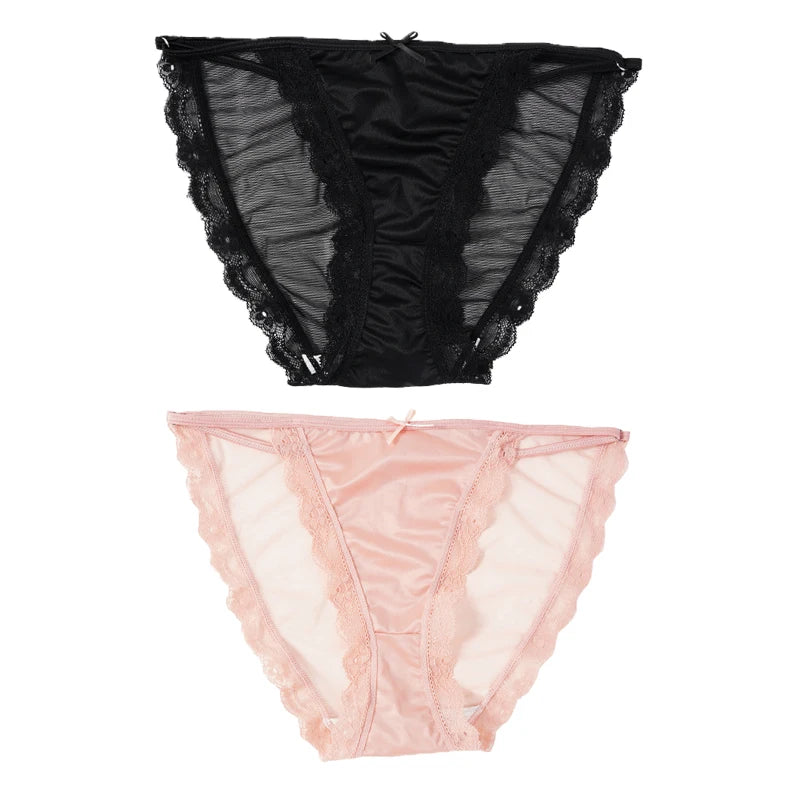 2PCS Women's Mesh Satin Ice Silk Low Rise Panties Soft Breathable Sexy Lace Underwear
