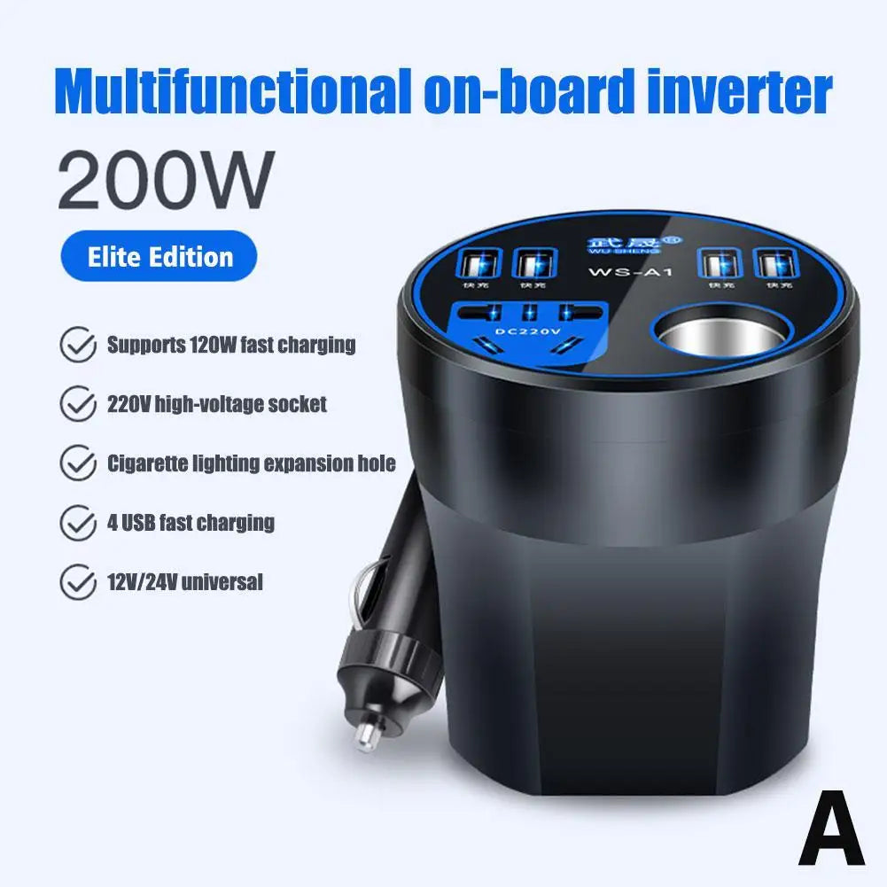 200W Car Power Inverter – 12V/24V to 220V Converter with LED Display & Fast Charging Socket
