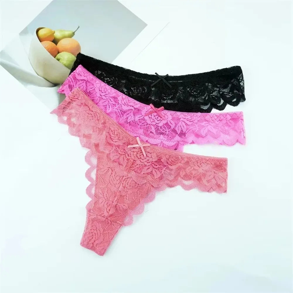 3PCS Ladies Sexy Low Waist Lace Thongs – Transparent G-String Panties, Soft Comfortable Underwear