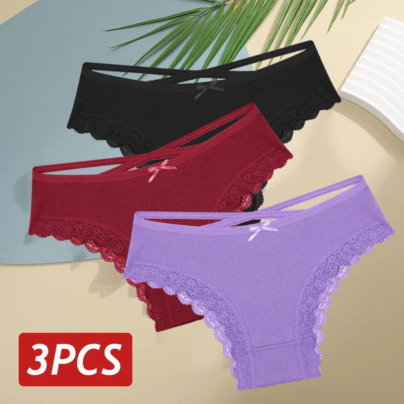 3PCS Set Women's Cotton Low Rise Lace Brazilian Panties Soft Breathable Bow Lingerie Underwear S-XL