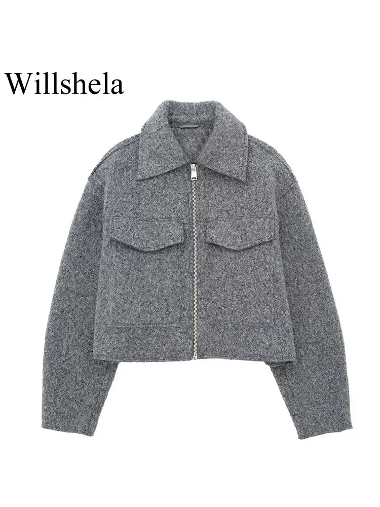 Willshela Women Fashion Grey Front Zipper Jacket with Pockets Vintage Lapel Neck Long Sleeve Chic Outfit