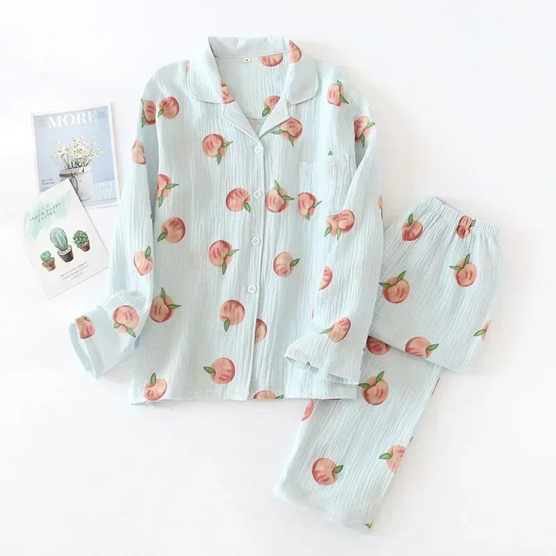 Large Size Women's Cotton Crepe Pajama Set | Long Sleeve Top & Trousers | Simple Comfortable Homewear for Summer & Autumn