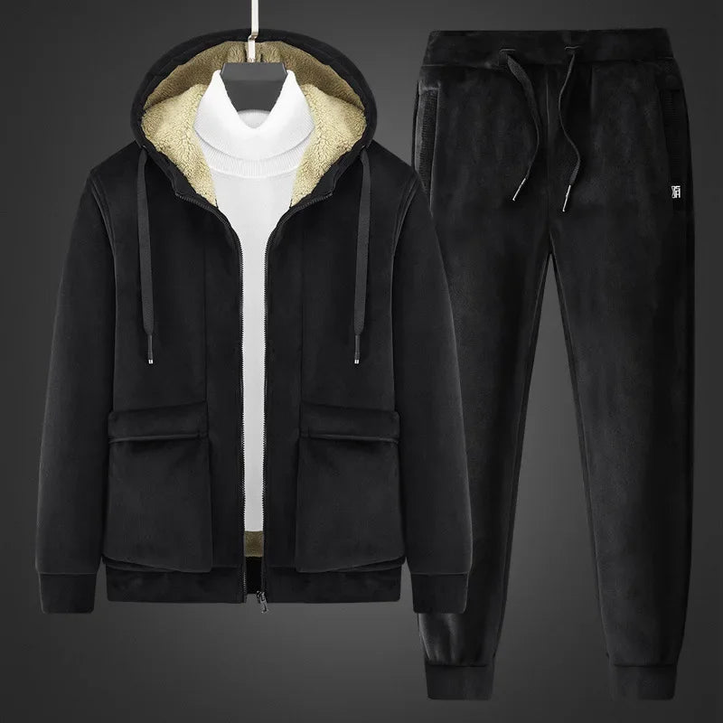 Men’s Winter Cashmere Fleece Tracksuit – Thick Warm Hooded Thermal 2-Piece Hoodie & Pants Set