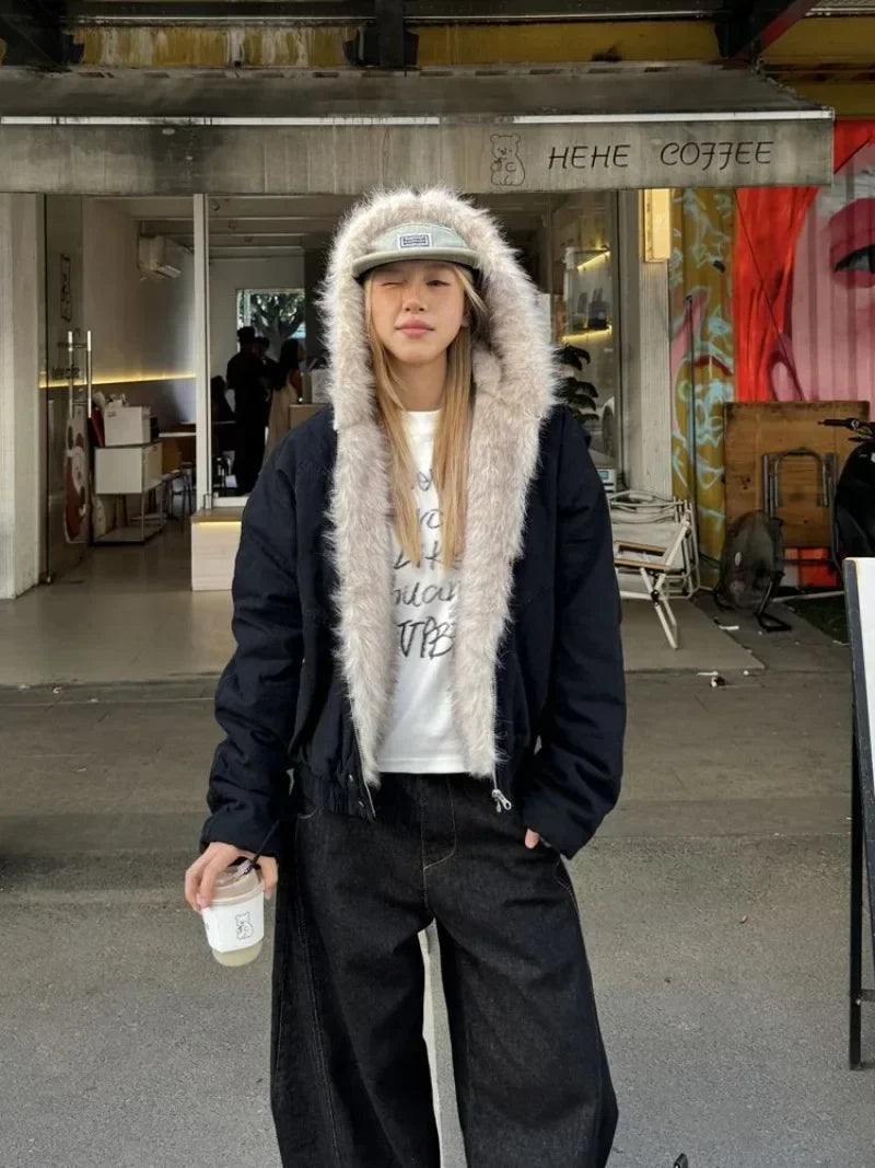 Y2K Winter High Street Retro Fur Collar Hooded Velvet Thick Warm Harajuku Loose Casual Women's Jacket