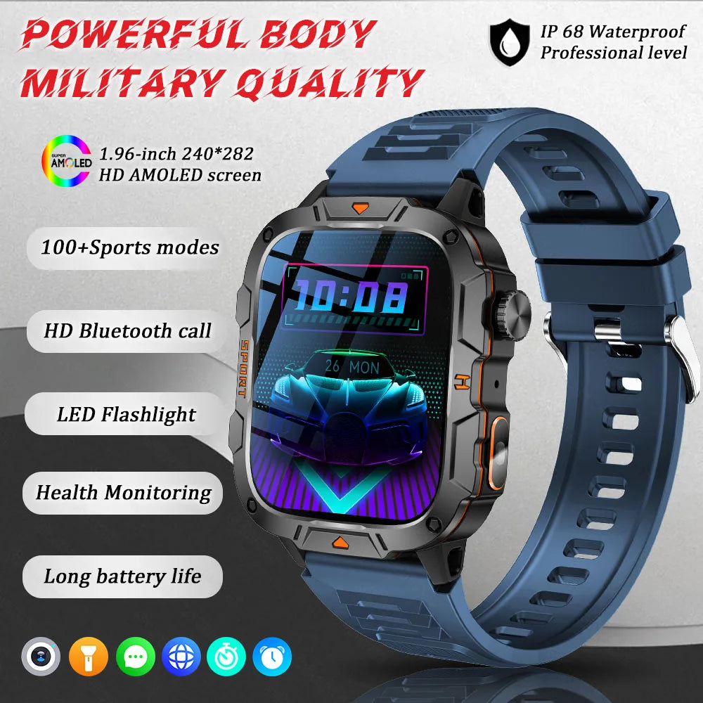 2025 New Military Smart Watch for Men – 1.96" AMOLED Display, 5ATM Waterproof Fitness Tracker | Bluetooth Call Smartwatch for Xiaomi