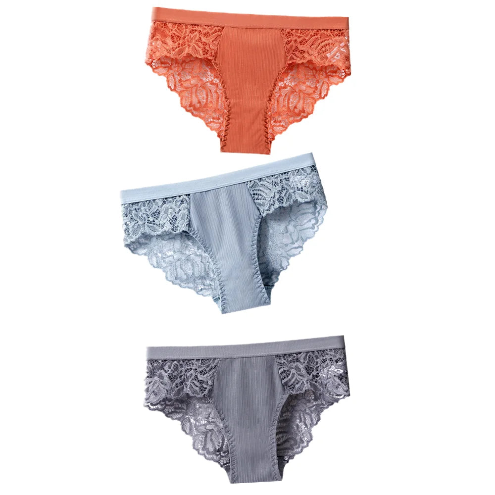 3Pcs Cotton Lace Panties for Women - Sexy Floral Briefs Underwear Lingerie Plus Size