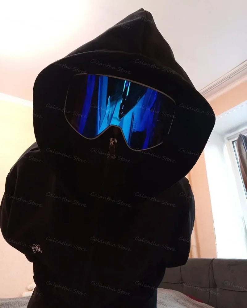 هودي شتوي رجالي مع قناع للوجه - سترة رياضية بسحاب للمشي لمسافات طويلة والجري والسفر في الهواء الطلق