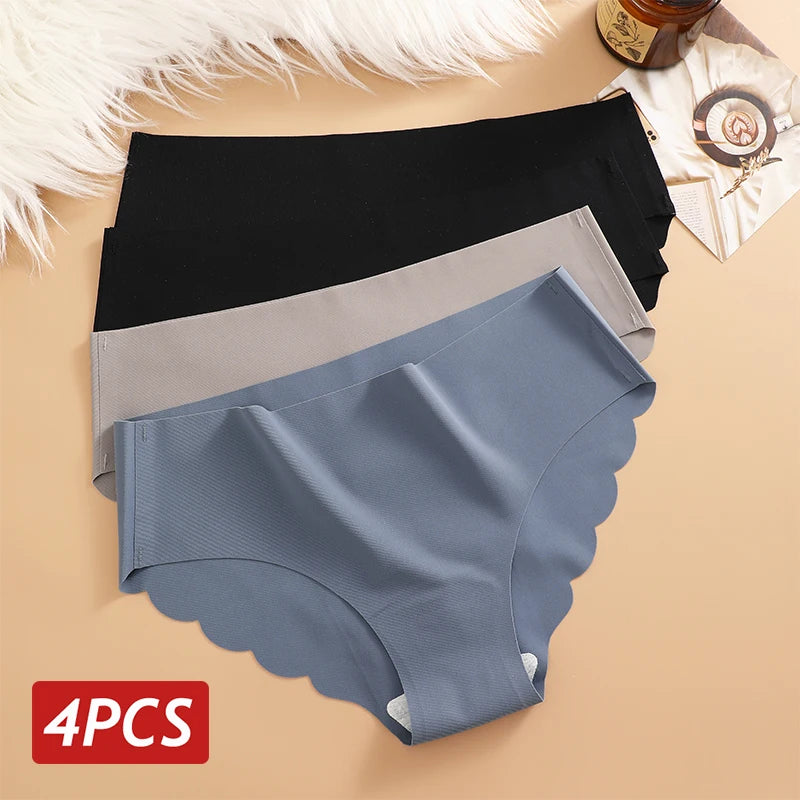 4PCS Set Women's Ice Silk Seamless Panties Solid Color Ultra Thin No Trace Elastic Underwear