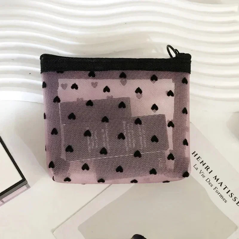 Nylon Mesh Cosmetic Bag | Heart-Shaped Toiletry Organizer for Women | Multi functional Makeup, Lipstick, Key & Coin Pouch