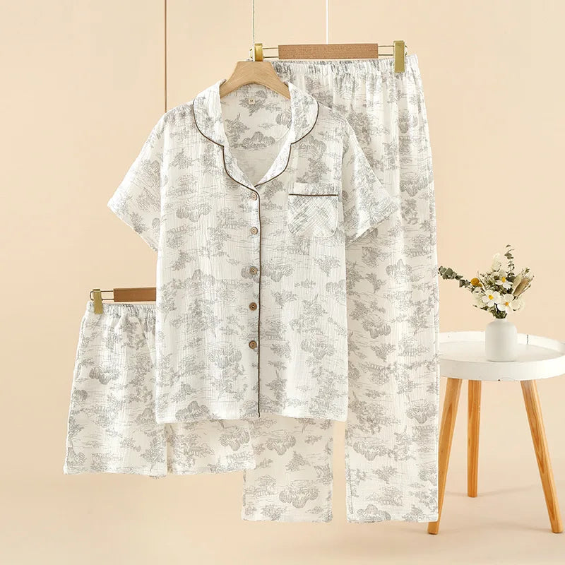 Summer Women's Pajama Set | 3-Piece 100% Gauze Cotton Sleepwear with Short Sleeve Top, Long Pants & Shorts