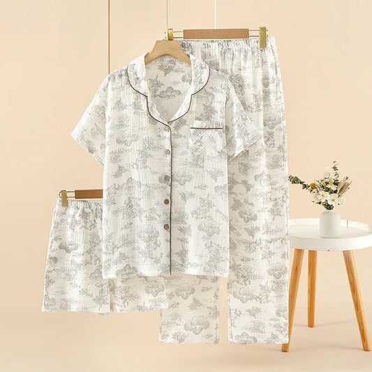 Summer Women's Pajama Set | 3-Piece 100% Gauze Cotton Sleepwear with Short Sleeve Top, Long Pants & Shorts