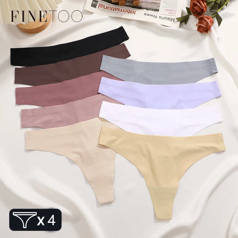 FINETOO 4PCS Women's Ice Silk Seamless Low Waist Thongs Sexy Solid Color Stretch Lingerie