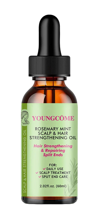 Youngcome hair oil bottle with a woman with long, wavy hair on a light gray background