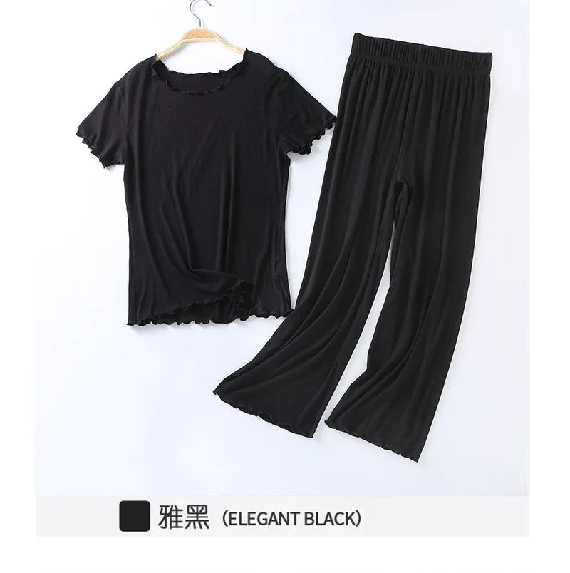 Japanese Summer Cotton Modal Pajama Set for Women | Short Sleeve Nine Point Pants | Large Size Home Sleepwear Suit