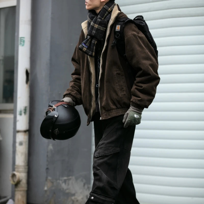 Men’s Japanese Vintage Polar Fleece Jacket – Thick Warm Korean Streetwear Coat for Winter