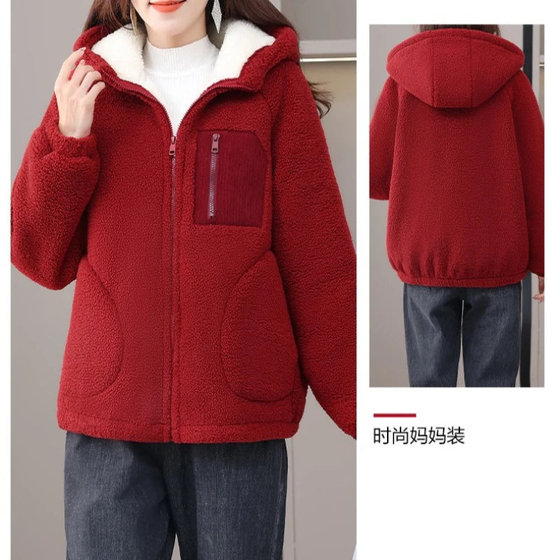 Winter Sherpa Fleece Coat Patchwork Pocket Wool-Lined Thickened Women's Plush Thermal Full Zipper Outerwear