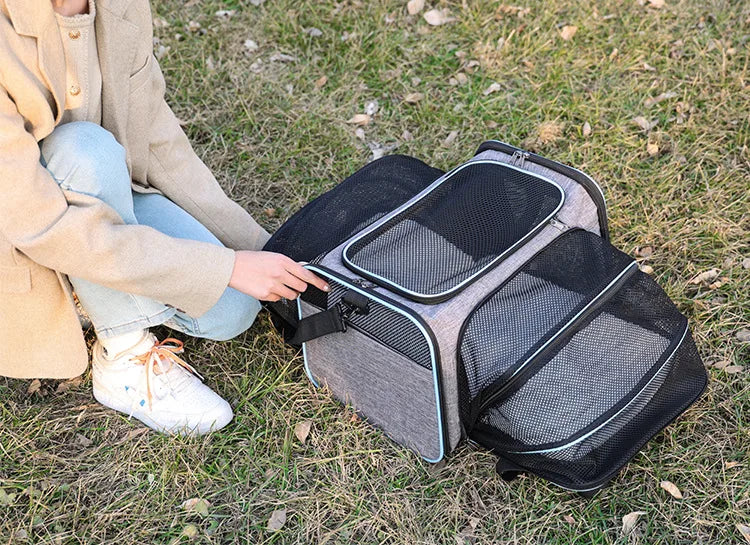 حقيبة حمل الحيوانات الأليفة القابلة للطي - حقيبة سفر قابلة للتوسيع للكلاب والقطط الصغيرة مع شبكة قابلة للتهوية