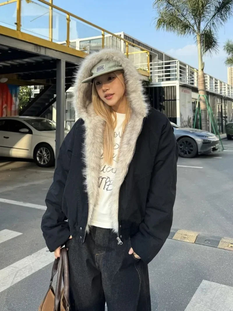Y2K Winter High Street Retro Fur Collar Hooded Velvet Thick Warm Harajuku Loose Casual Women's Jacket