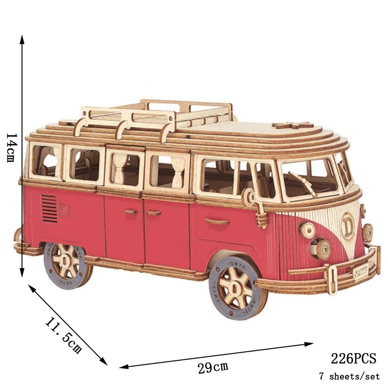 Retro Bus & European-Style Campervan 3D Wooden Puzzle – DIY Car, Airplane & Sailing Ship Model Toy for Kids