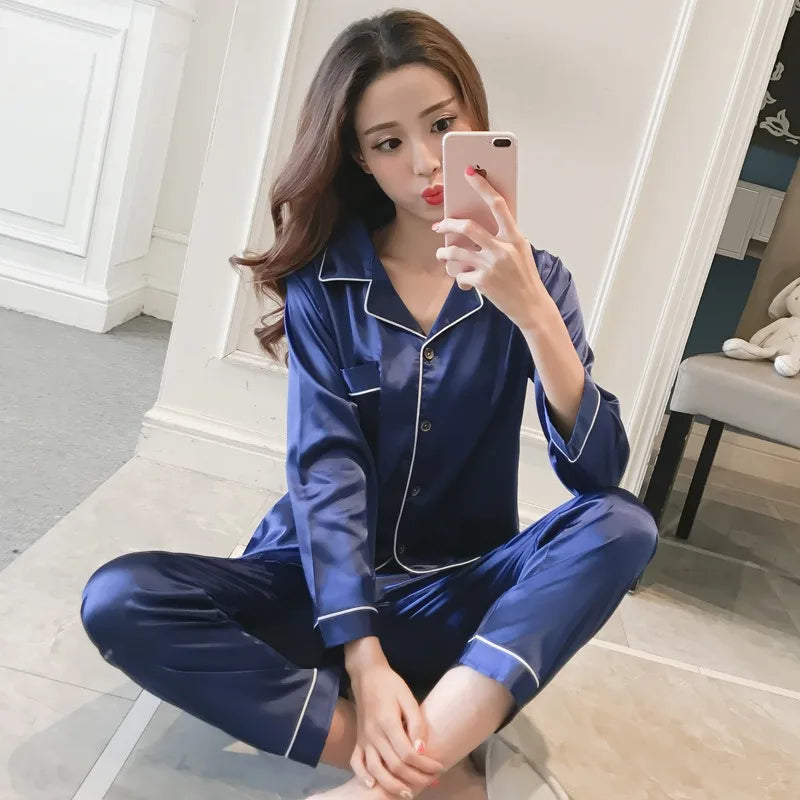 2025 Women's Silk Pajama Set | Long Sleeve Cardigan Ice Silk Sleepwear Home Clothing