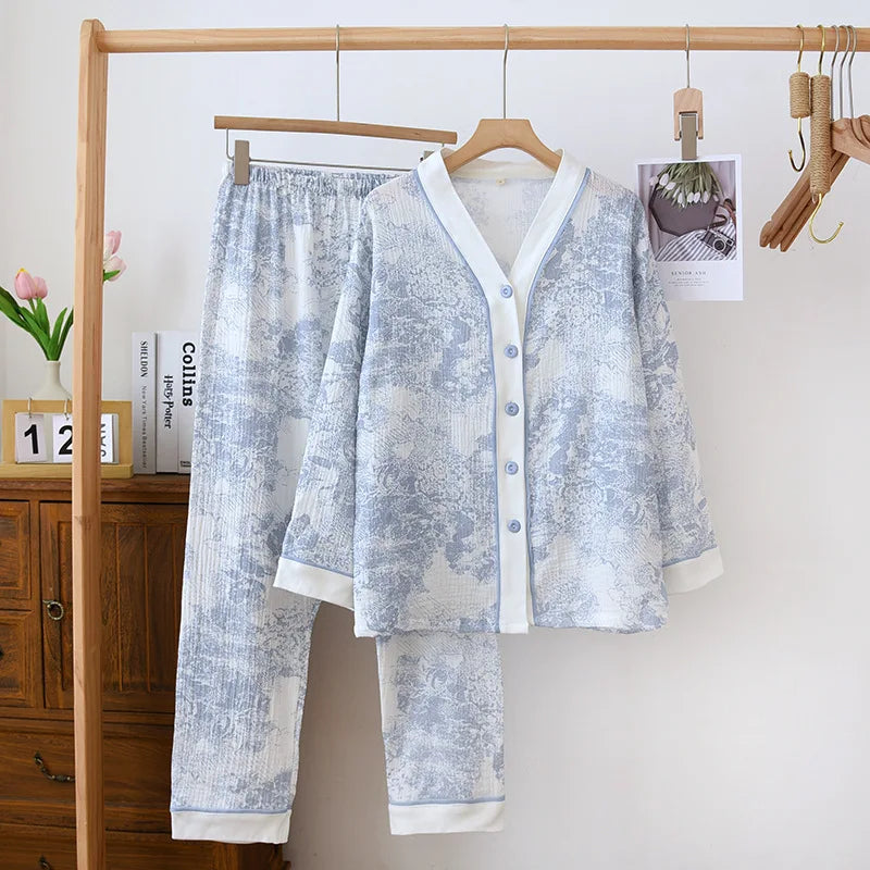 100% Cotton Gauze Women's Pajama Set | Ink Painting Print 2-Piece Sleepwear | Comfortable Nightwear & Home Loungewear