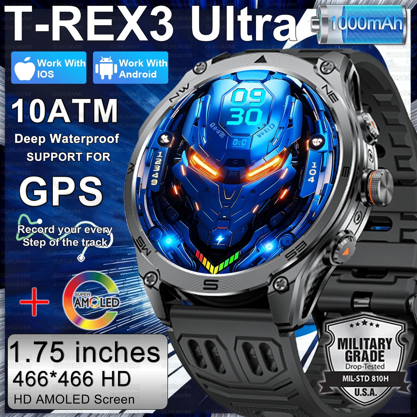 2026 New Military Smart Watch for Men – 1000mAh Battery, GPS Trace, Compass, 10ATM Waterproof, Tactics Sport, Flashlight & Call