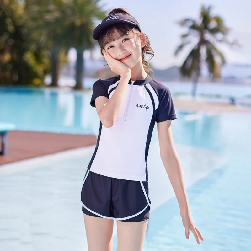 Girls Two Piece Swimsuit Double Layer Short Sleeve Swimwear Summer Beach Outfit