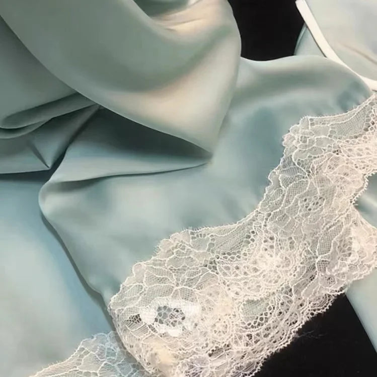 Women’s Silk Satin Pajamas Set – Two-Piece Sleepwear with Lace Trim, Sweet Home Loungewear for Spring & Autumn