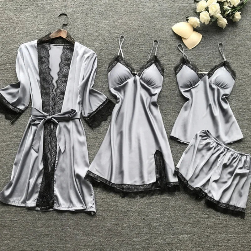 4PCS Women's Lace Pajama Set | V-Neck Nightdress with Chest Pads | Comfortable Home Sleepwear