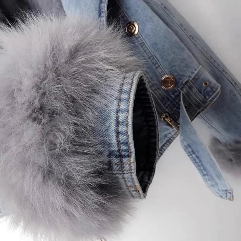 New Winter Denim Jacket Women Faux Fox Fur Collar Short Jean Coat with Warm Rabbit Hair Lining