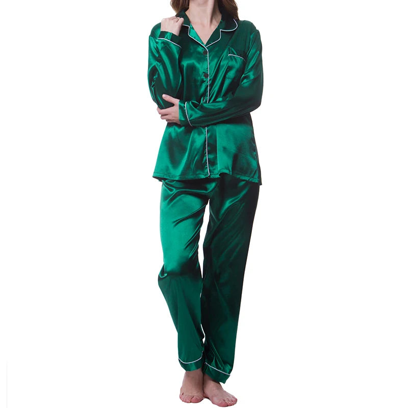 Women's Satin Pajama Set | Long Sleeve Button Lapel Top & Elastic Pants 2-Piece Sleepwear