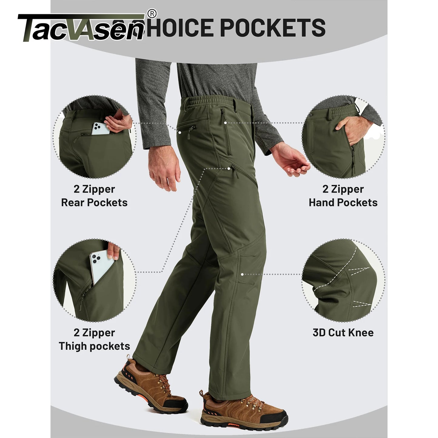 TACVASEN Men’s Fleece-Lined Waterproof Softshell Pants – Winter Hiking Snow Ski Cargo Trousers with 6 Zip Pockets