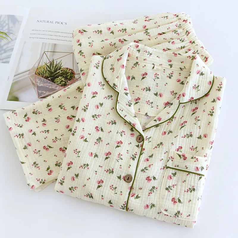 2025 Spring & Autumn Women's Pajama Set | 100% Cotton Crepe Long Sleeve Top & Pants | Cute Sweet Two-Piece Homewear