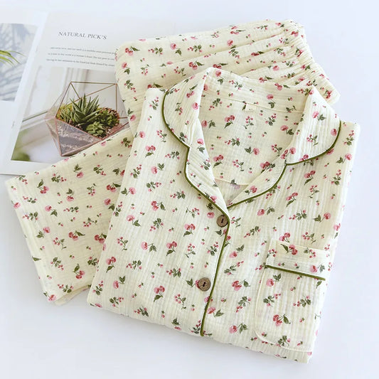 2025 Spring & Autumn Women's Pajama Set | 100% Cotton Crepe Long Sleeve Top & Pants | Cute Sweet Two-Piece Homewear