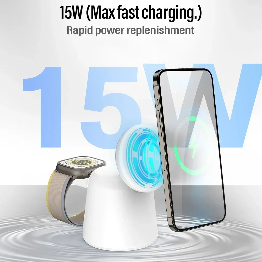 3-in-1 Magnetic Wireless Charger Stand – Fast Charging Dock for MagSafe iPhone 12/13/14/15 Pro Max, Apple Watch & AirPods