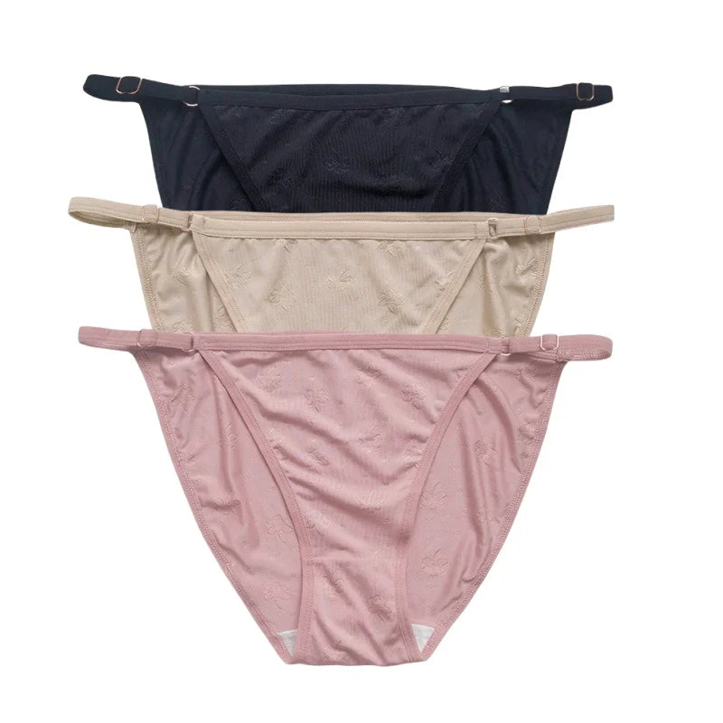 3PCS Set Women's Ice Silk Low Rise Brazilian Panties Solid Color Sexy Underwear S-XL