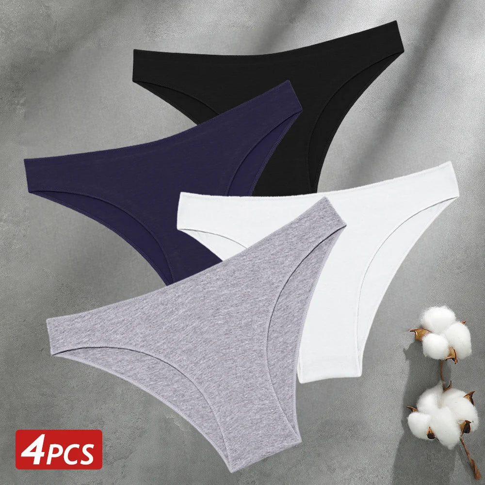 4PCS Seamless Cotton Panties Women Solid Color Low Waist Breathable Stretch Underwear