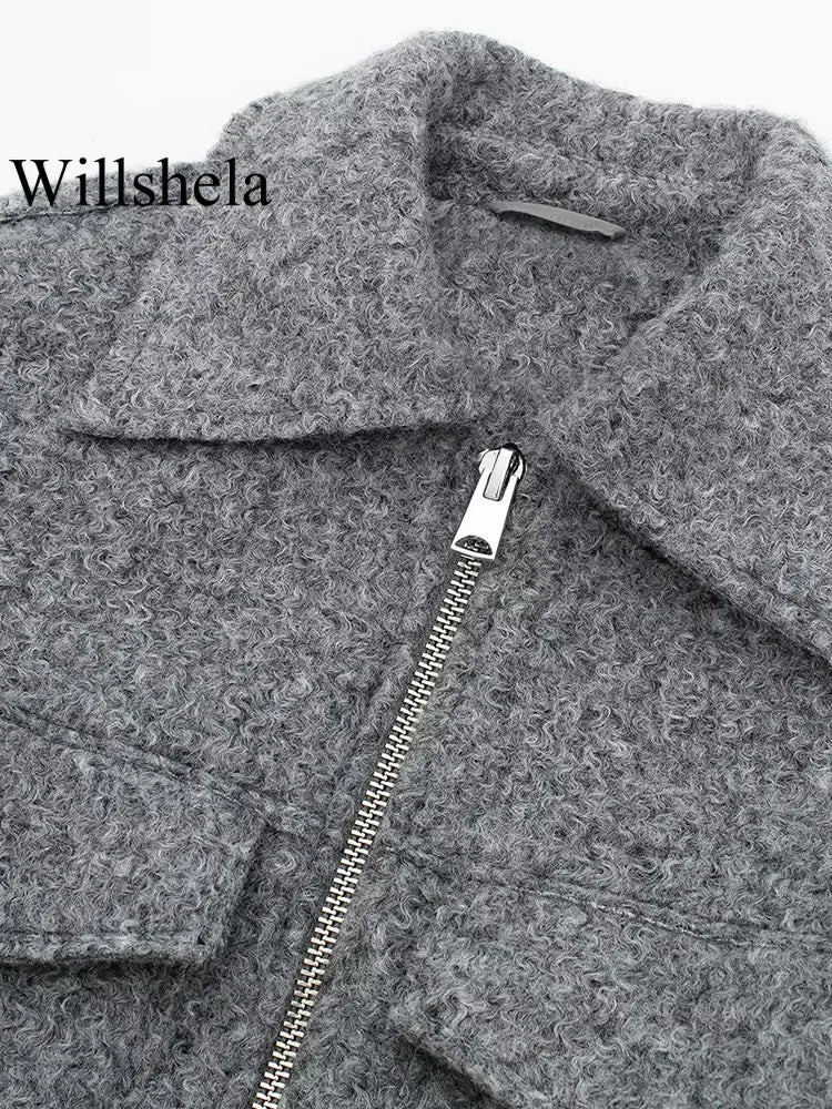 Willshela Women Fashion Grey Front Zipper Jacket with Pockets Vintage Lapel Neck Long Sleeve Chic Outfit