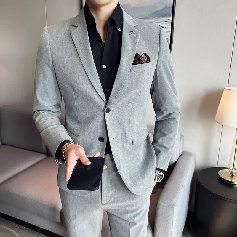 Men's High-End Solid Color Suit – Jacket & Pants for Business, Wedding & Party