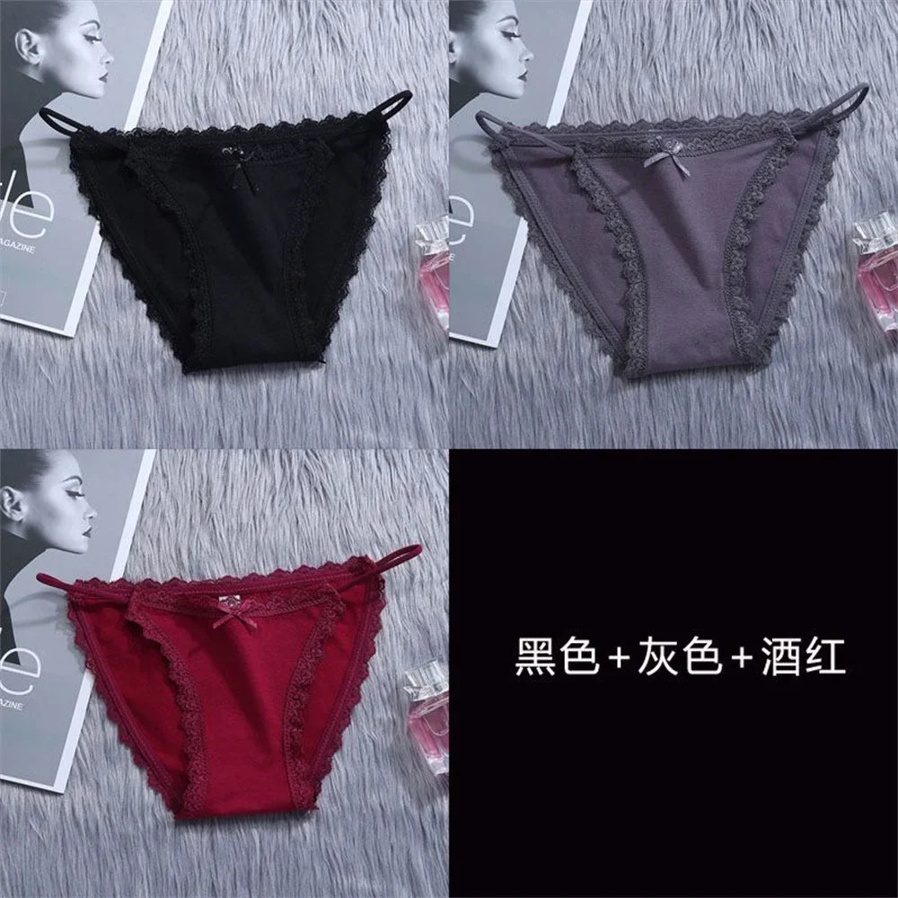 3PCS Women's Traceless Ice Silk Briefs Nylon Lace Trim Low Waist Breathable Cotton Crotch Panties